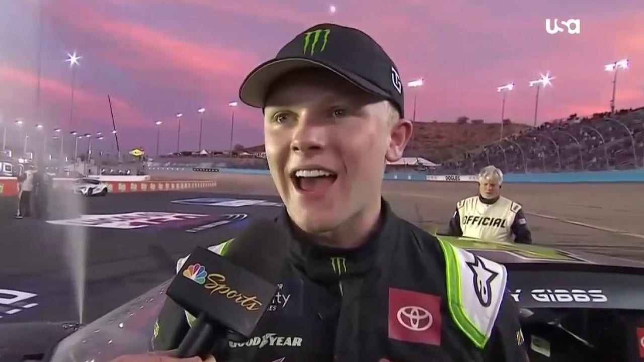 Ty Gibbs reacts to winning NASCAR Xfinity Series Championship as he is boo'd on front stretch