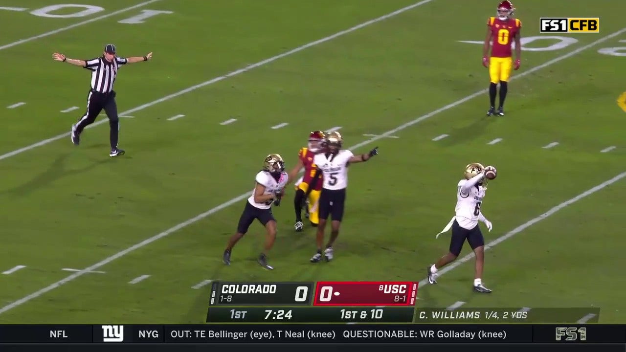 Colorado Buffaloes' cornerback Nikko Reed picks off USC Trojans quarterback Caleb Wiliams