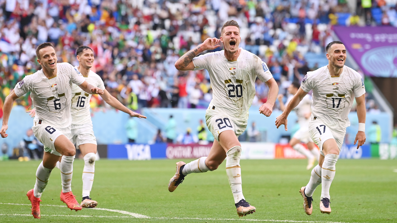 Serbia scores back-to-back goals in stoppage time to end the half against Cameroon
