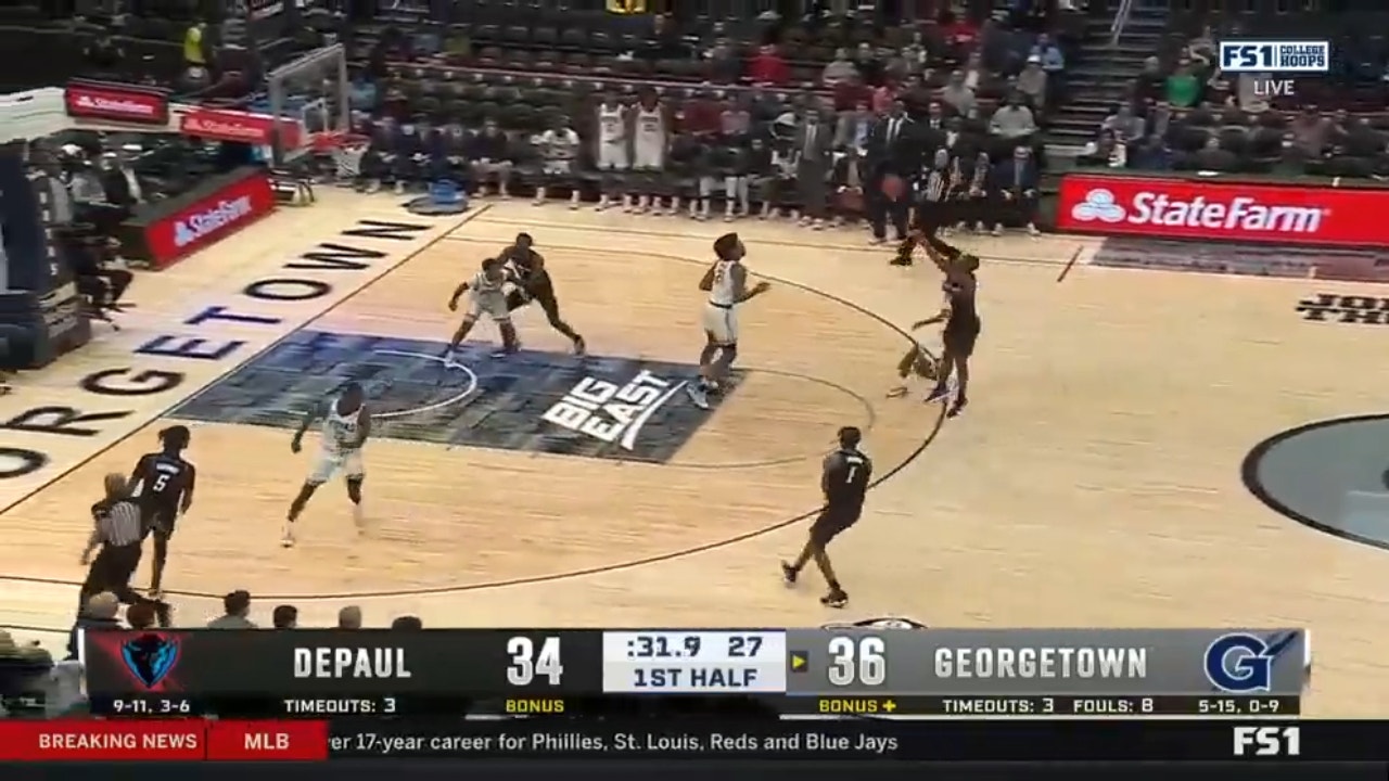 Umoja Gibson steals the ball and scores a HUGE 3-pointer to give Depaul the lead over Georgetown at halftime