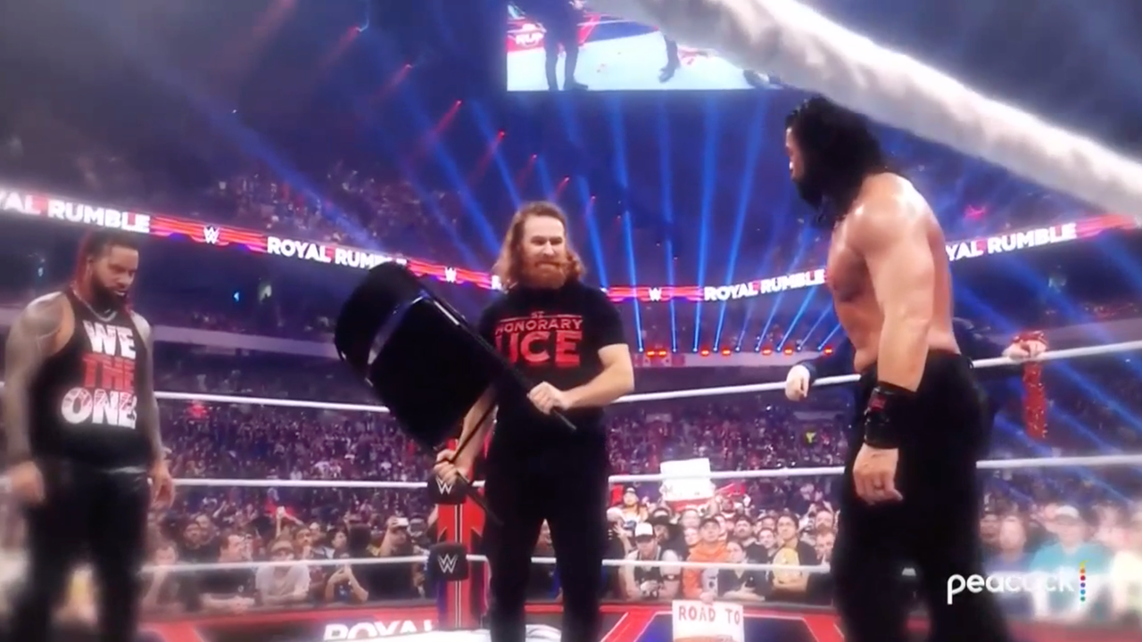 Sami Zayn attacks Roman Reigns with a steel chair at Royal Rumble | WWE on FOX