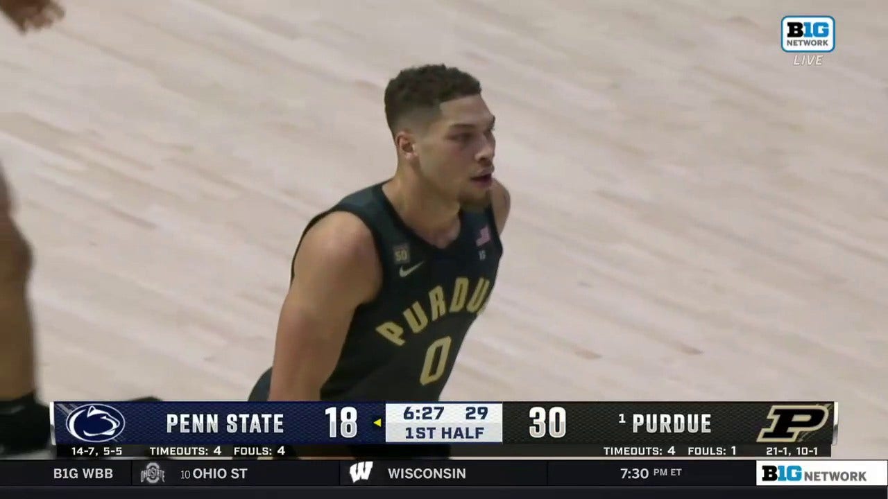 Purdue's Mason Gillis drains a three to tally 12 points in the first half vs. Penn State