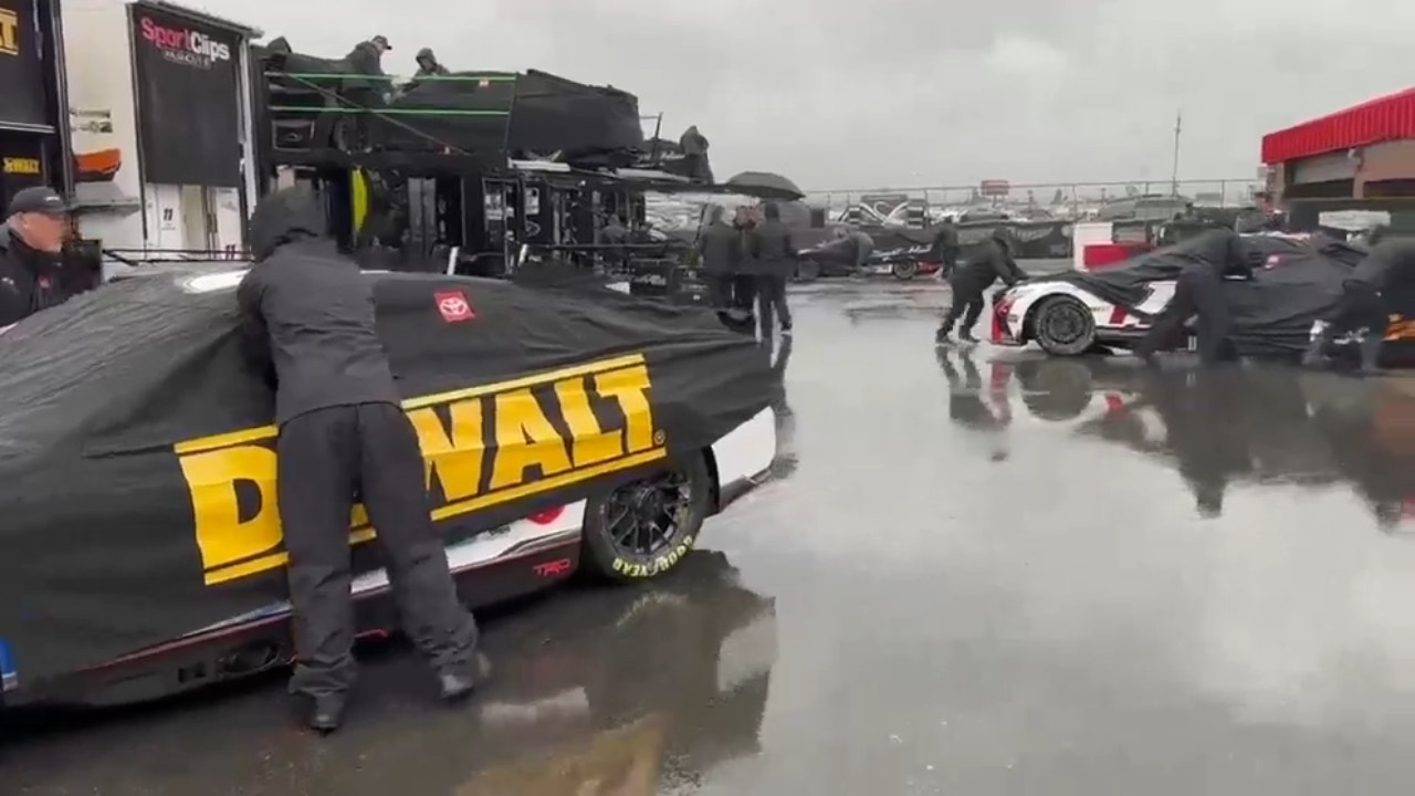 Rain falls at Fontana on Friday ahead of the Pala Casino 400 in the NASCAR Cup Series