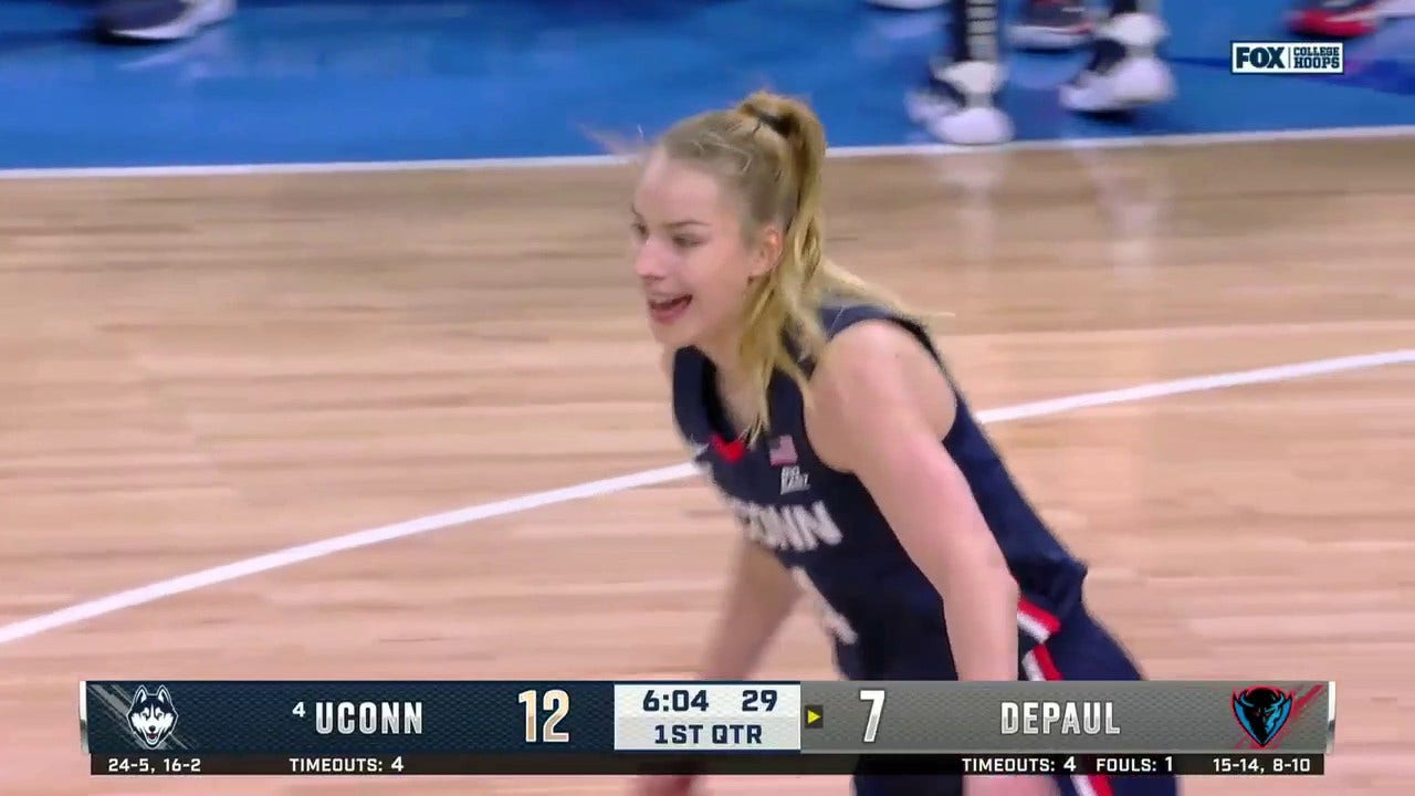 UConn's Dorka Juhasz drills a 3-pointer to give her 10 points in the first quarter against DePaul