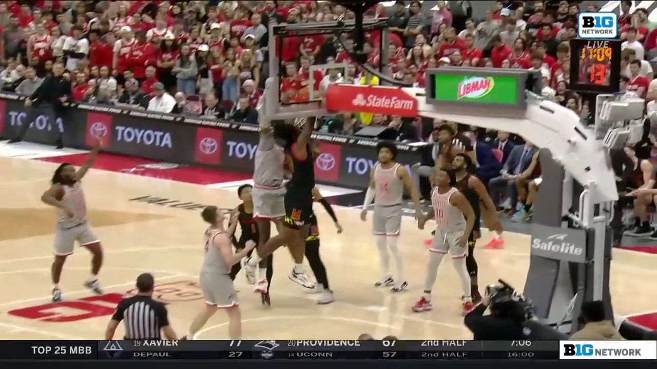 Maryland's Julian Reese delivers a nasty dunk over an Ohio State defender