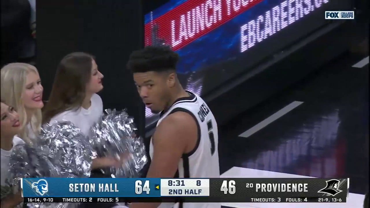 Providence's Ed Croswell records an EMPHATIC block against Seton Hall