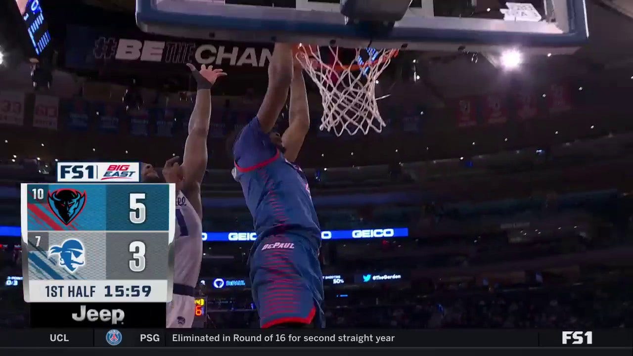 DePaul's Nick Ongenda delivers a rim-shattering dunk against Seton Hall