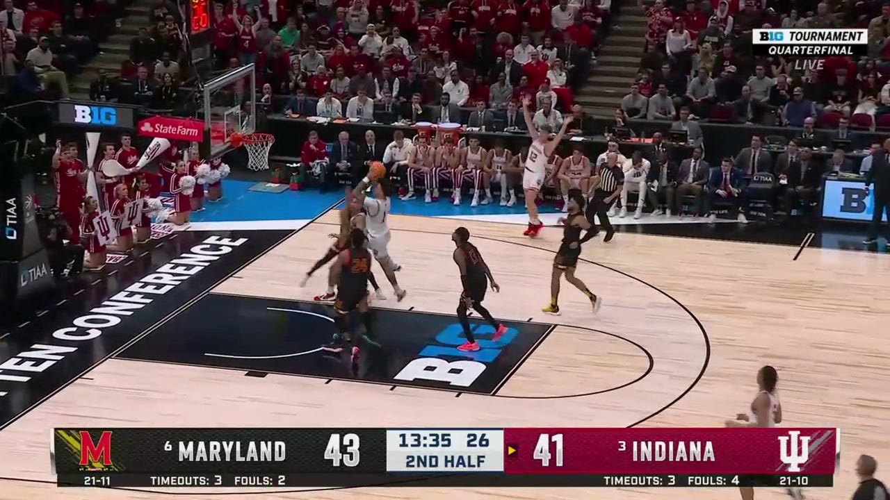 Indiana's Jalen Hood-Schfino dusts the Terps defense for an easy layup to equalize the score