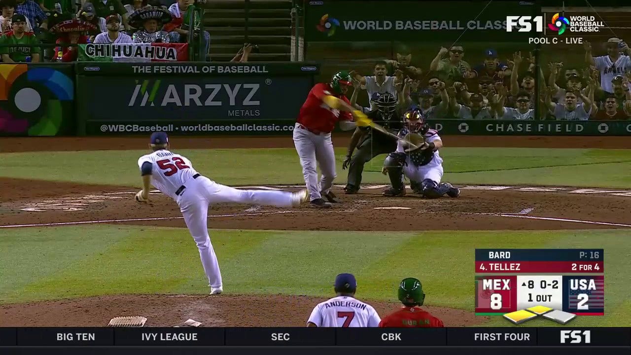 Mexico's Rowdy Tellez smacks an RBI single to help Mexico grab a 10-2 lead against USA