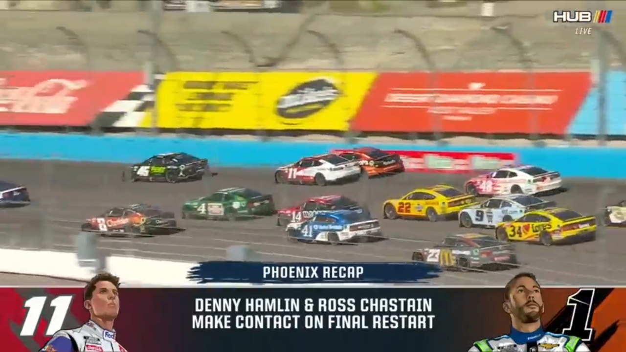 Denny Hamlin and Ross Chastain make contact on the final Phoenix restart at the United Rentals Work United 500