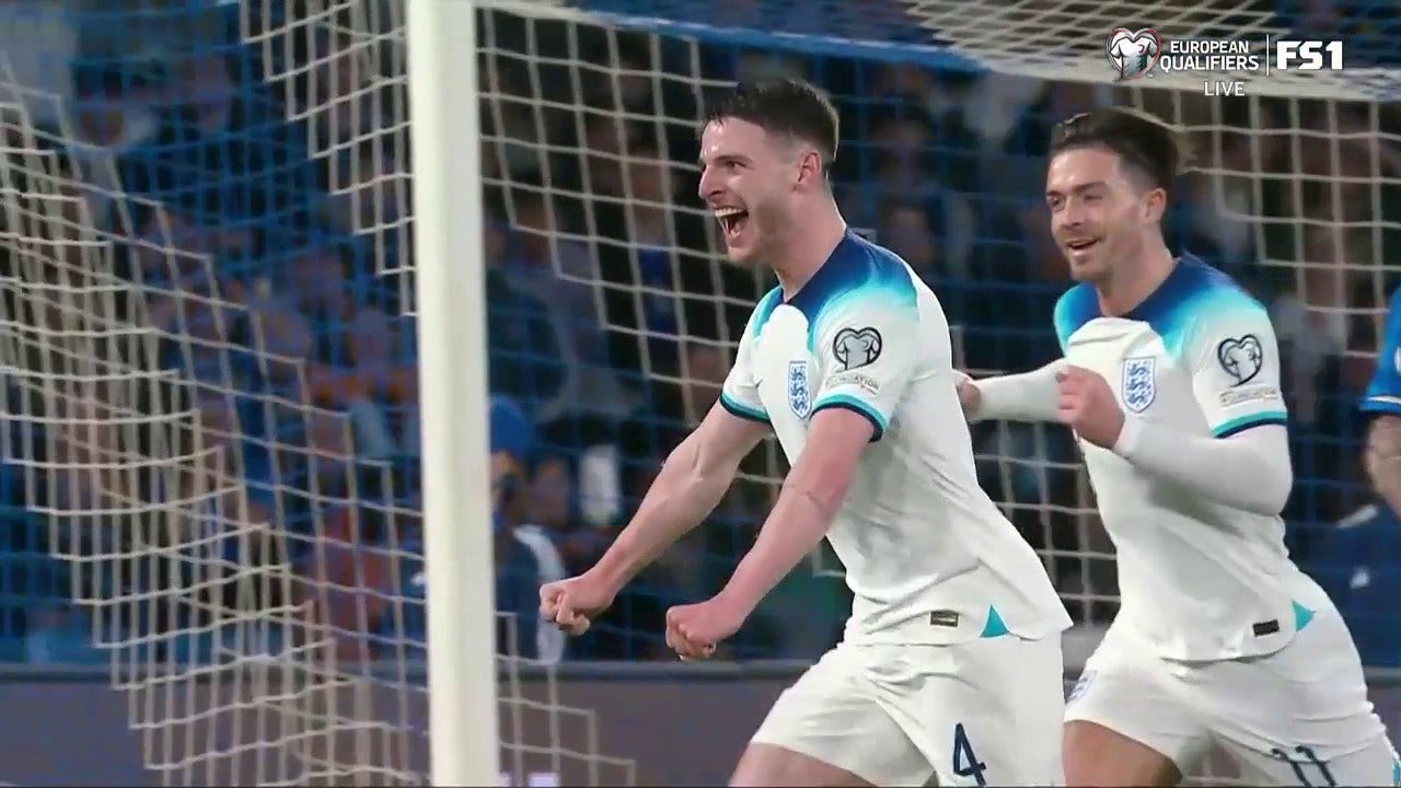 Declan Rice scores off a rebound to give England a 1-0 lead in the 13th minute