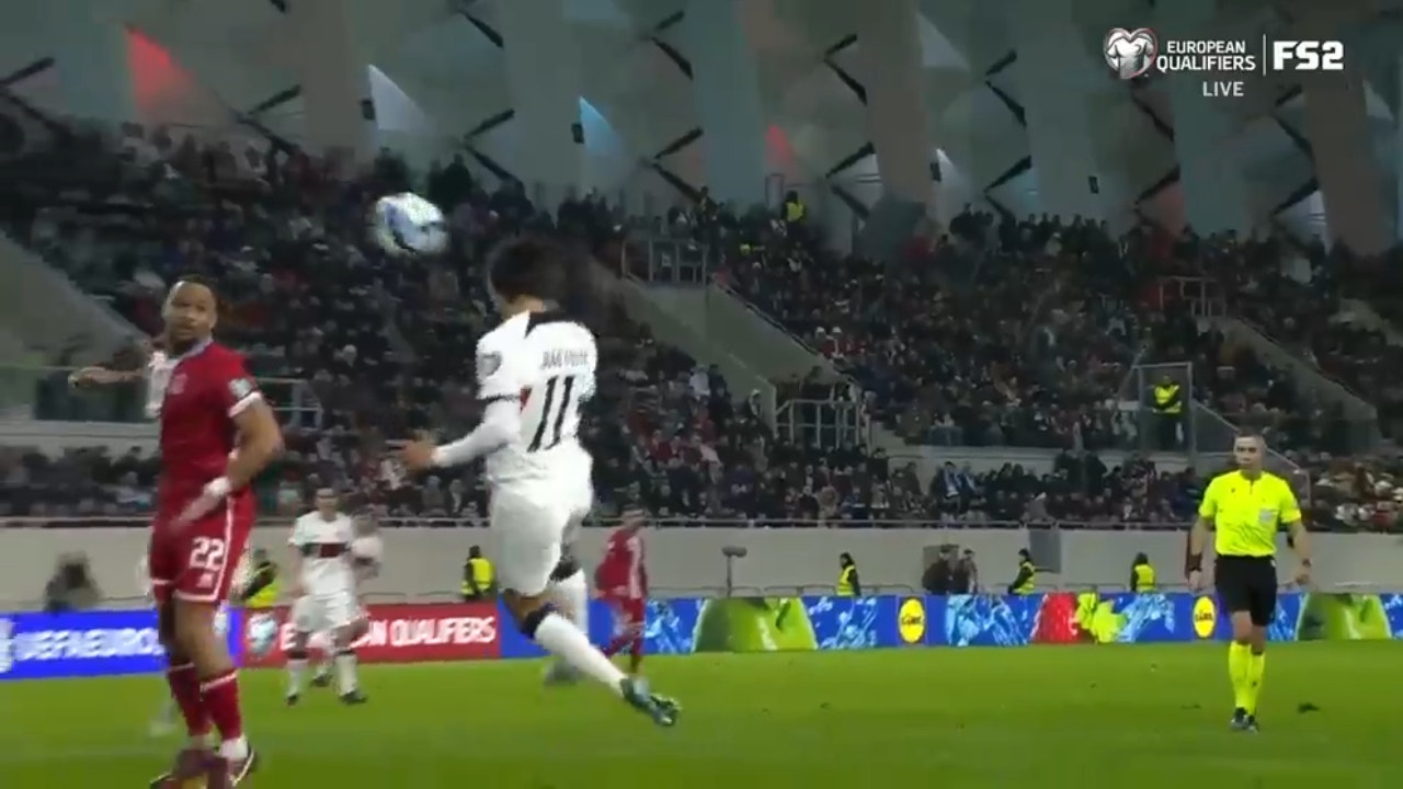 Portugal's João Félix nails a powerful header in the back of the net in the first half