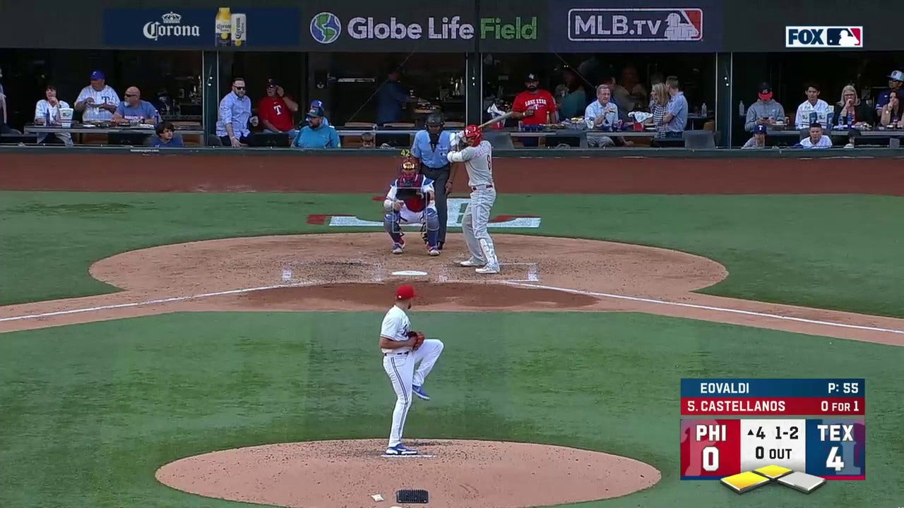 Nick Castellanos hits a two-run double as the Phillies trim into the Rangers' lead