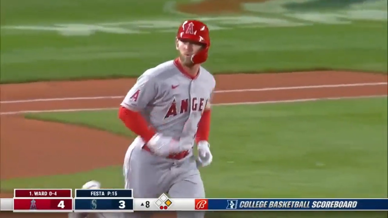 Angels' Taylor Ward hits it deep to center field for a two-run homer and 6-3 lead over Mariners