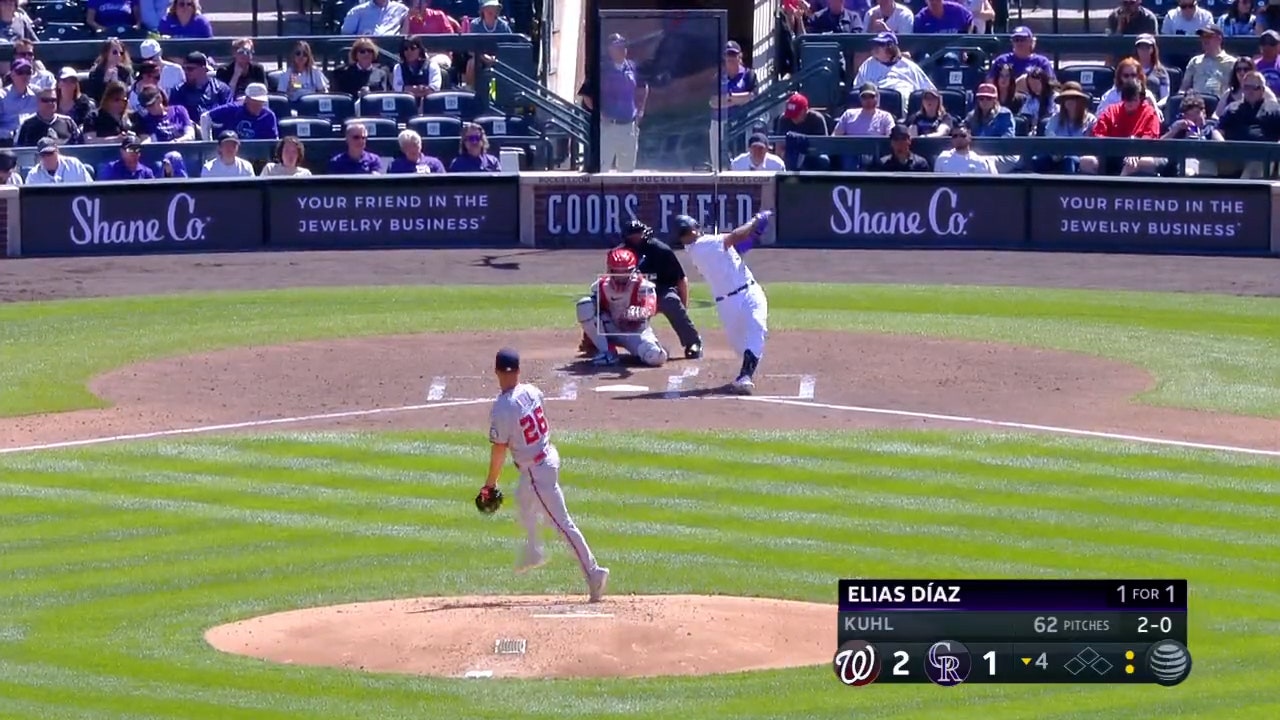 Elias Díaz smashes a no-doubt home run to to left to help the Rockies tie the game 2-2 against the Nationals