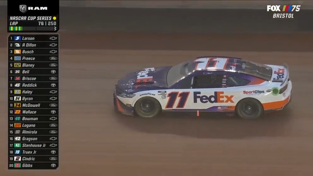 Denny Hamlin spins out as Kyle Larson wins Stage 1 on the dirt at Bristol Motor Speedway