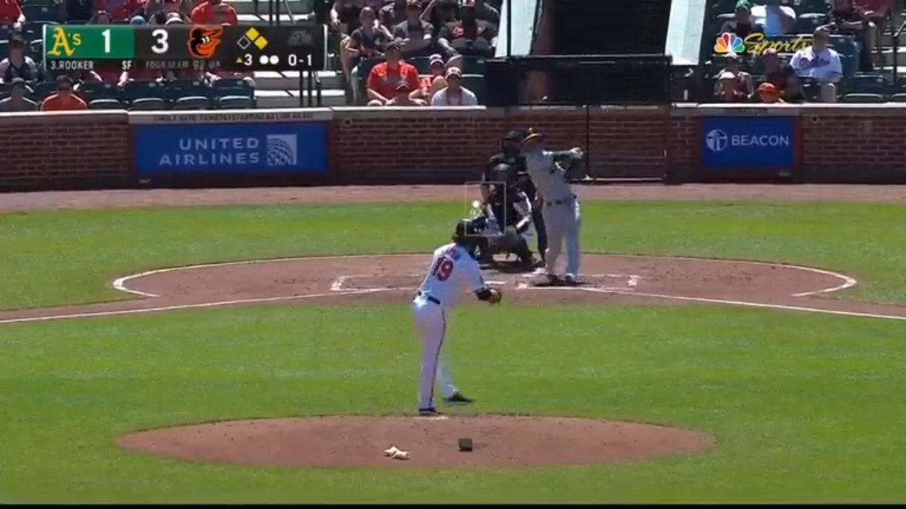Athletics' Brent Rooker launches a go-ahead three-run homer against the Orioles 