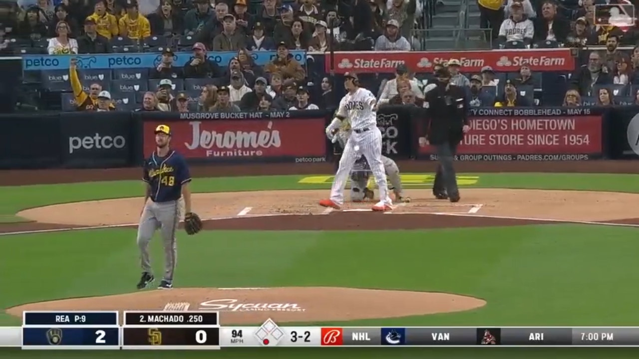 Padres' Manny Machado smashes his first home run of the year against the Brewers