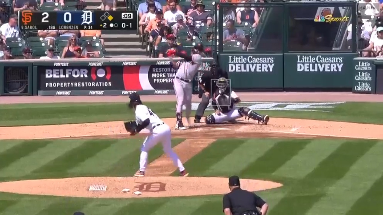 Giants' Blake Sabol launches a two-run jack to right center field for a 4-0 lead over the Tigers