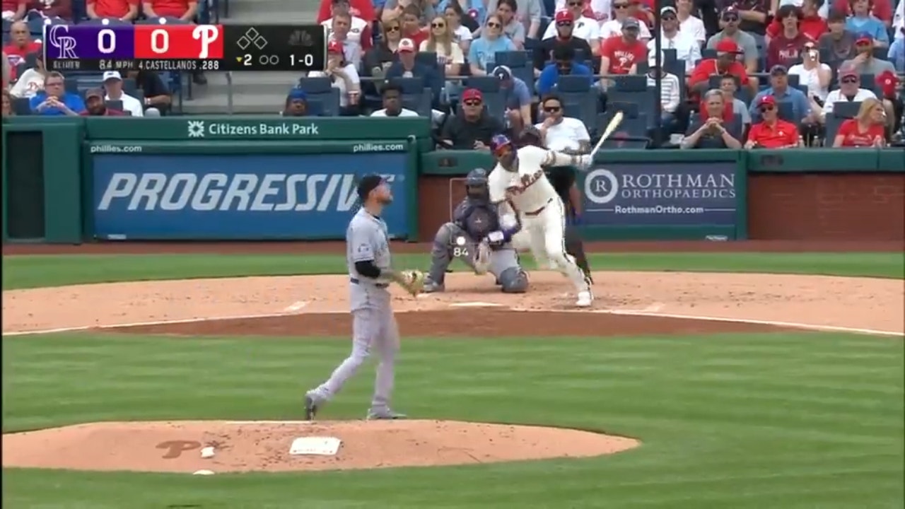 Phillies' Nick Castellanos goes yard to left field for his first homer of the season