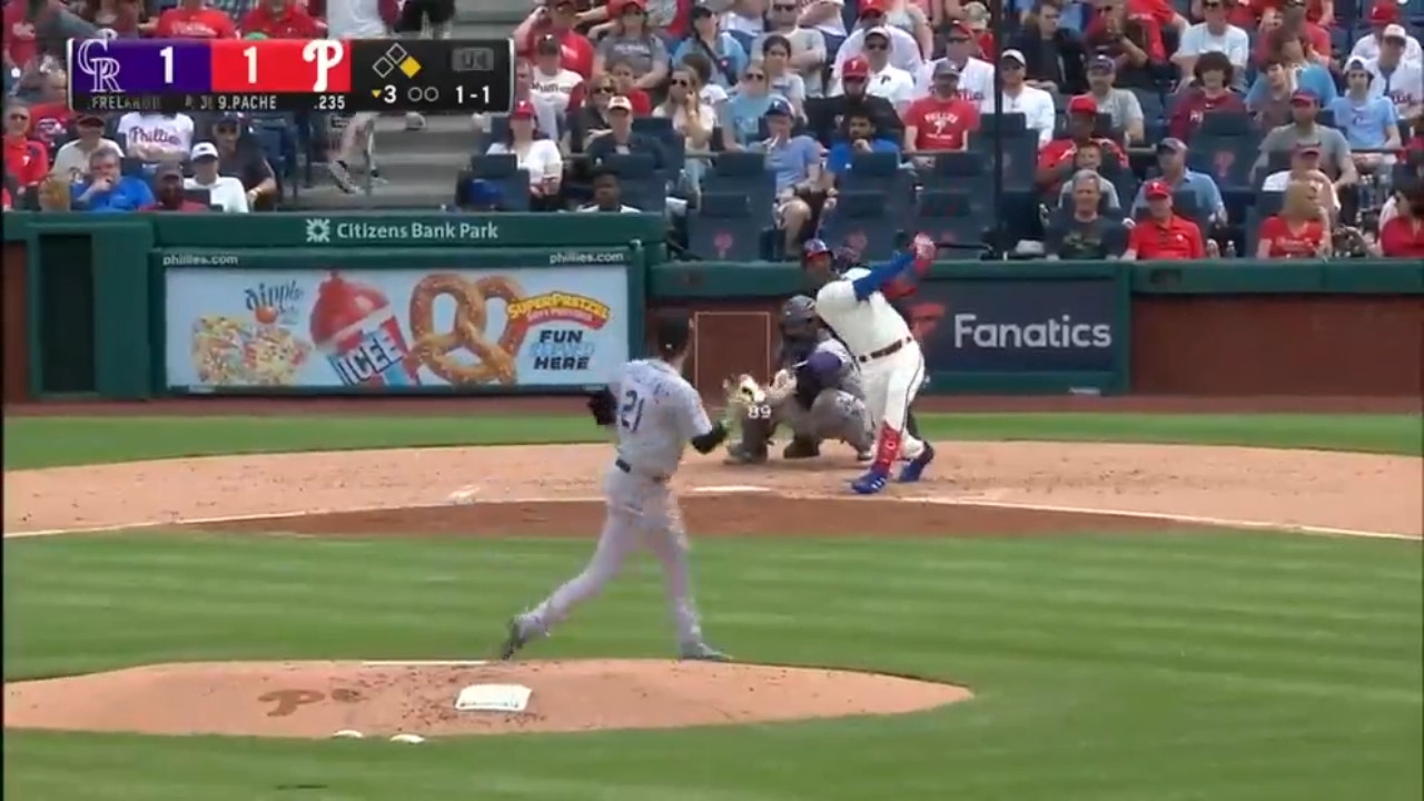 Phillies' Cristian Pache crushes a two-run home run to center field in the third inning