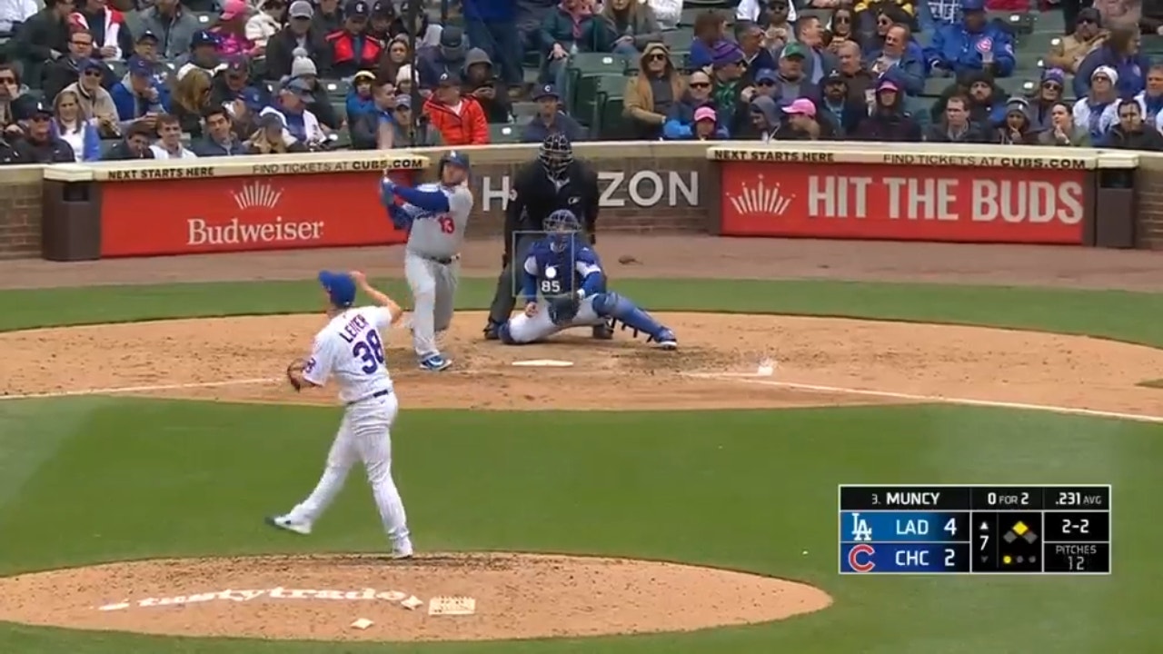 Dodgers' Max Muncy muscles a two-run homer 412-feet to right-center field, extending the lead 6-2 over the Cubs