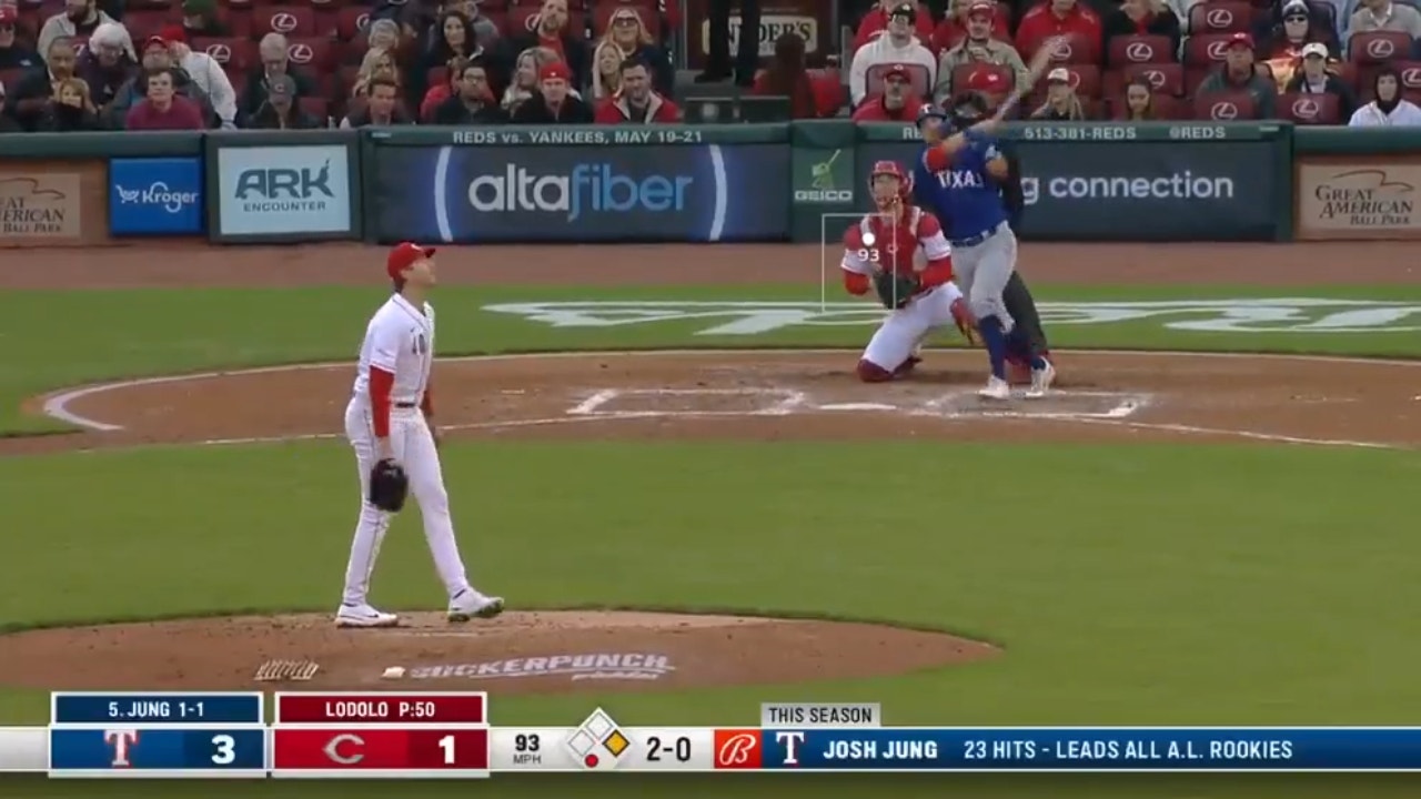 Rangers' Josh Jung muscles a two-run homer to the concourse for his second long ball of the game