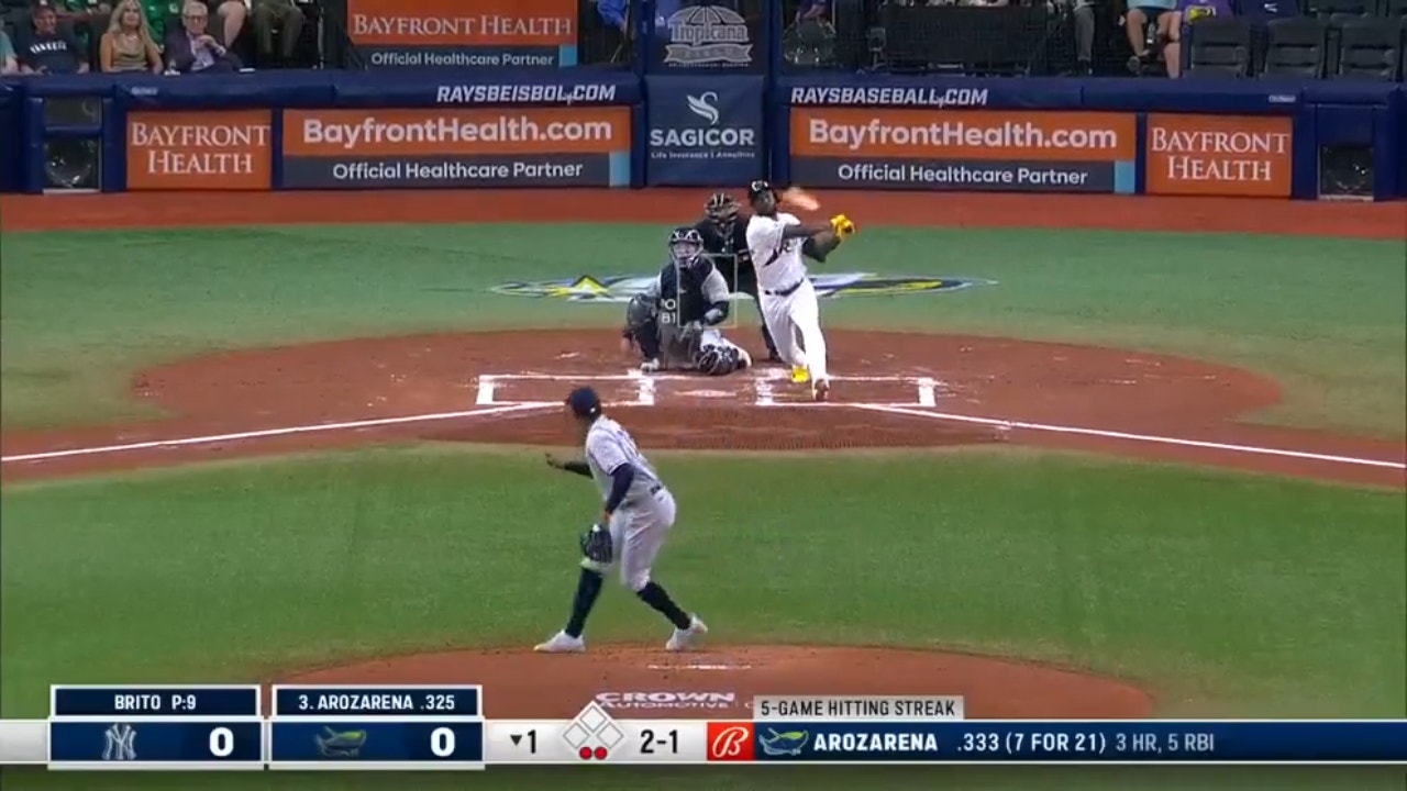 Rays' Randy Arozarena smashes a 422-foot solo shot to center field for an early lead over the Yankees
