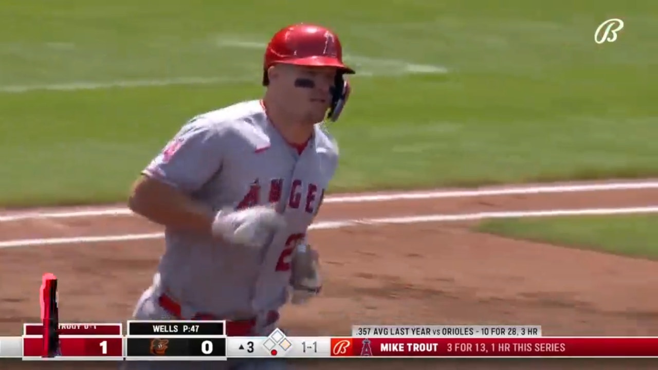 Mike Trout crushes a two-run homer, extending the Angels' lead over the Orioles