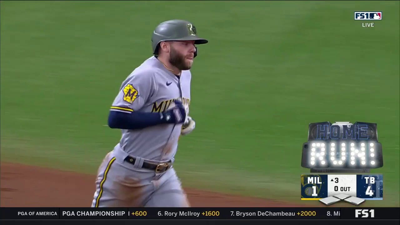 Brewers' Owen Miller slaps a solo home run to left, helping to trim into the Rays' lead