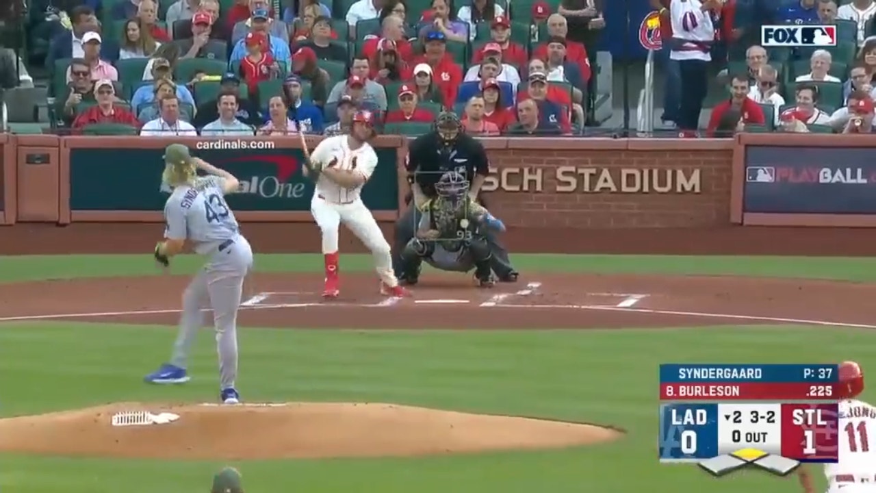 Cardinals' Alec Burleson hits an RBI double off Dodgers' Noah Syndergaard to extend the lead in the second inning