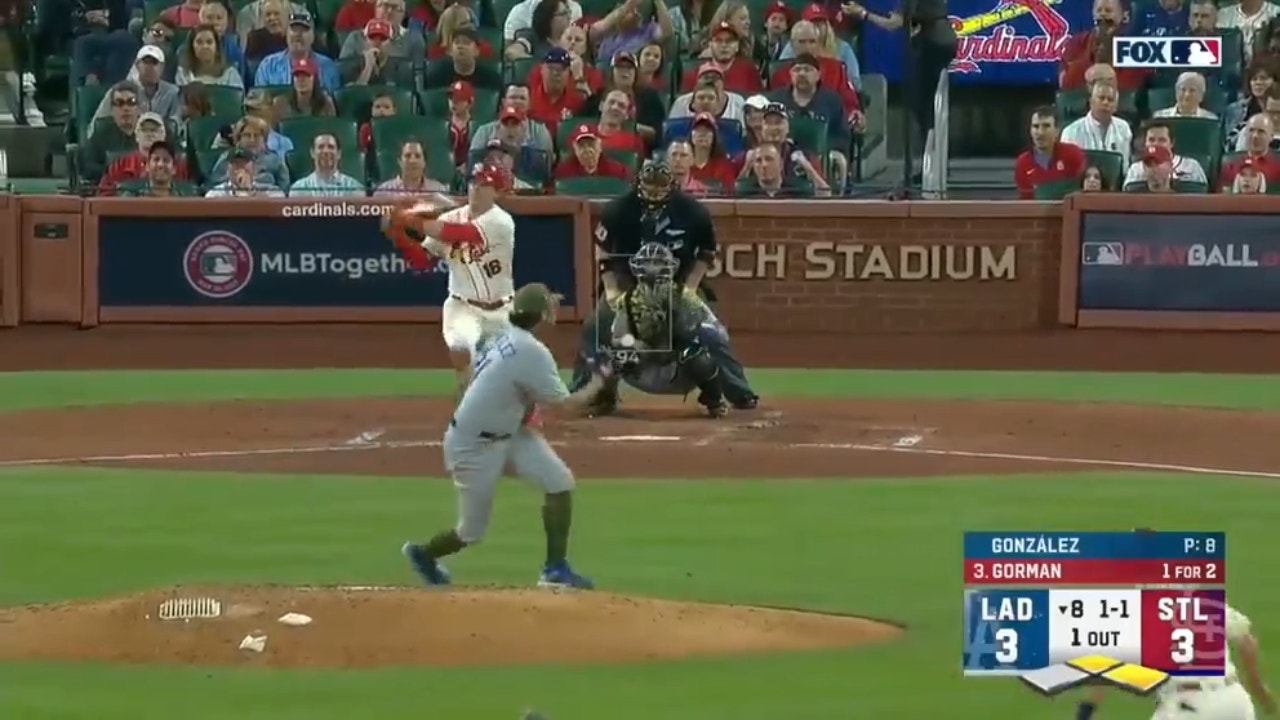 Cardinals' Nolan Gorman crushes a three-run home run to take the 6-3 lead over the Dodgers