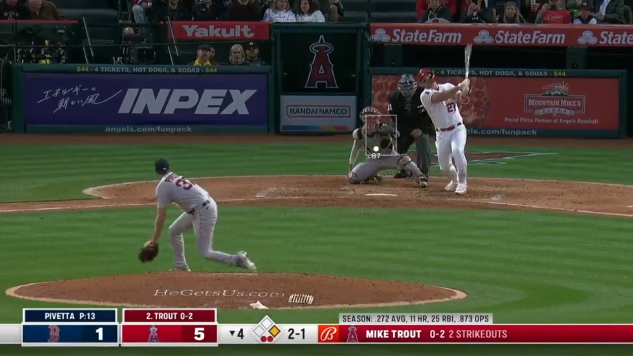 Mike Trout smacks a two-run homer to add to the Angels' lead over the Red Sox