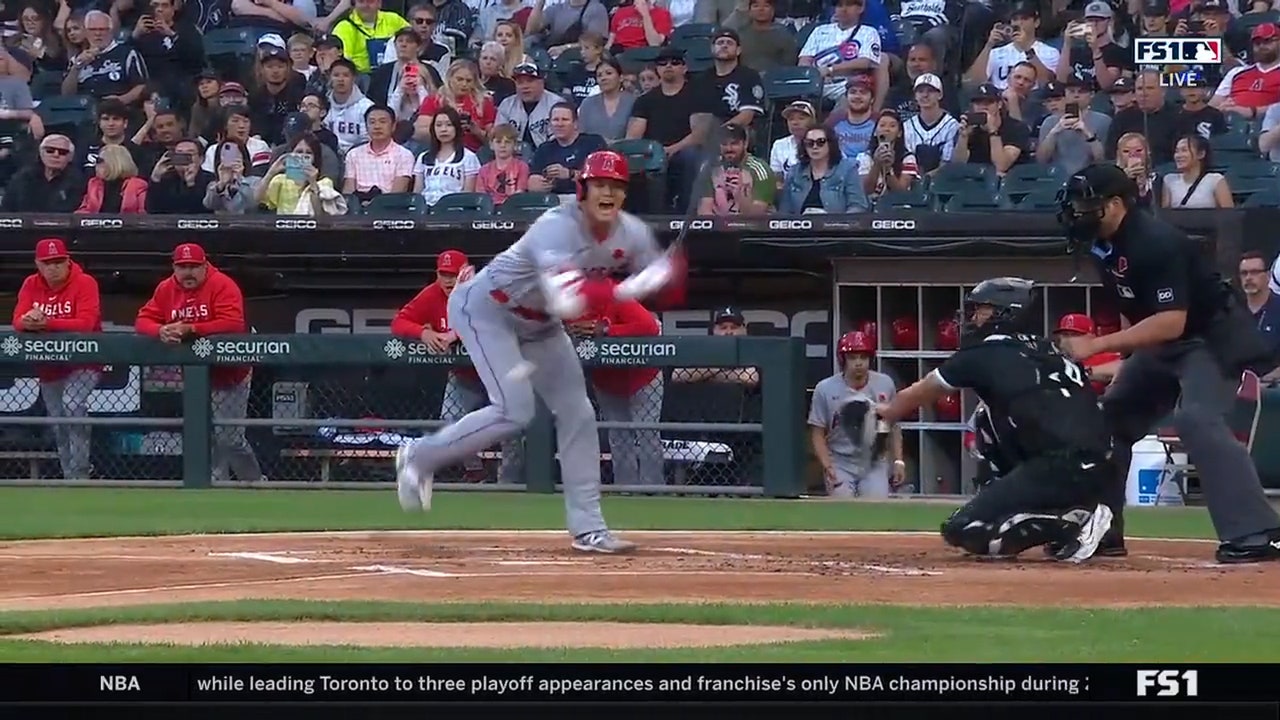 Shohei Ohtani takes a hard hit to the leg during his first at-bat against the White Sox