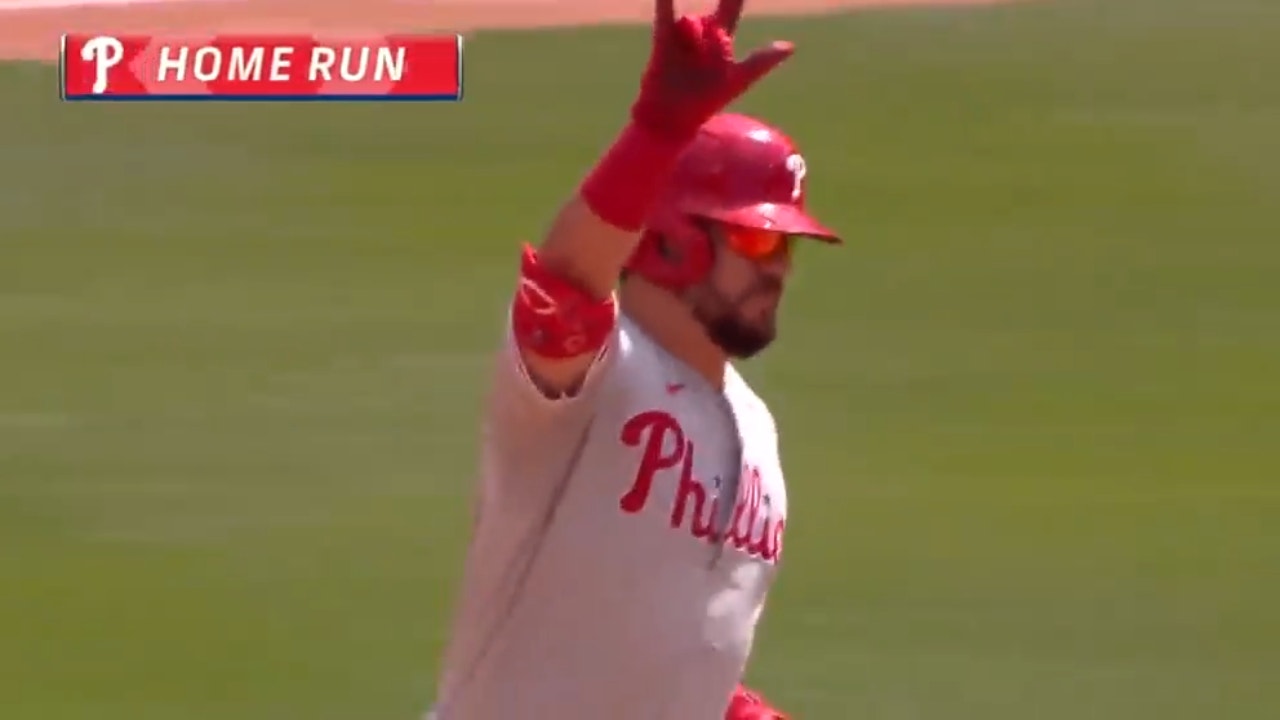 Phillies' Kyle Schwarber muscles a three-run jack to right-center, extending the 5-1 lead vs. the Nationals