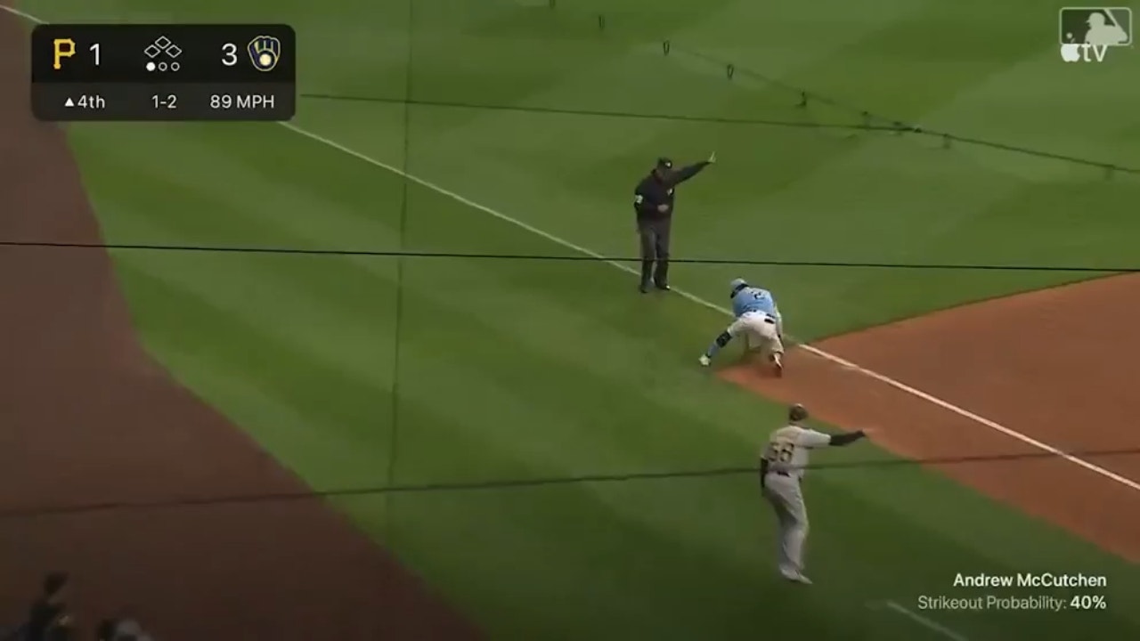 Brewers' Luis Urías makes a WILD play and throws Pirates' Andrew McCutchen out at first