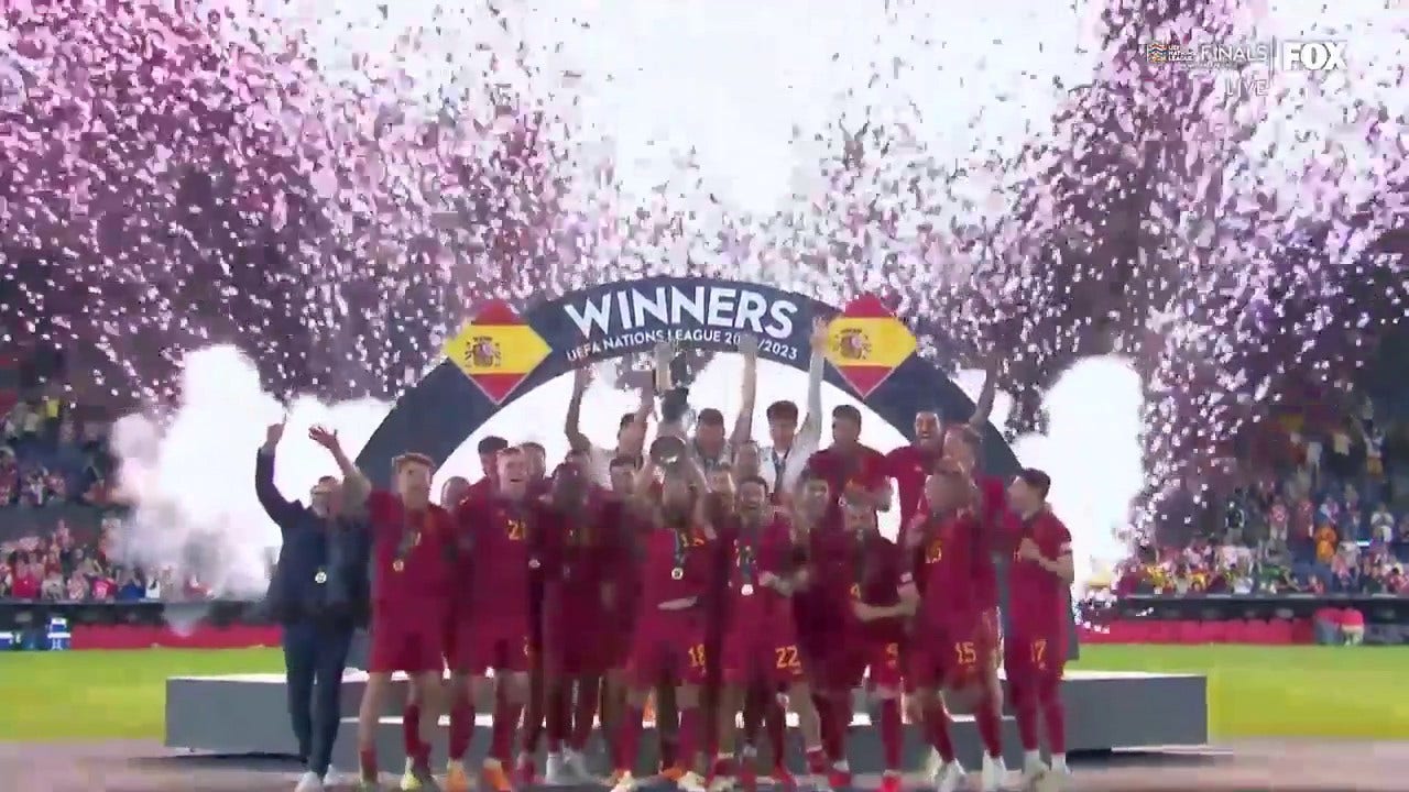 Jordi Alba, Spain hoists the UEFA Nations league trophy after defeating Croatia