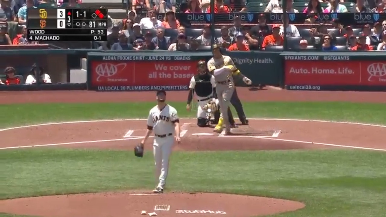 Padres' Manny Machado smokes a three-run, no-doubter 443 feet to center field, extending the lead vs. the Giants
