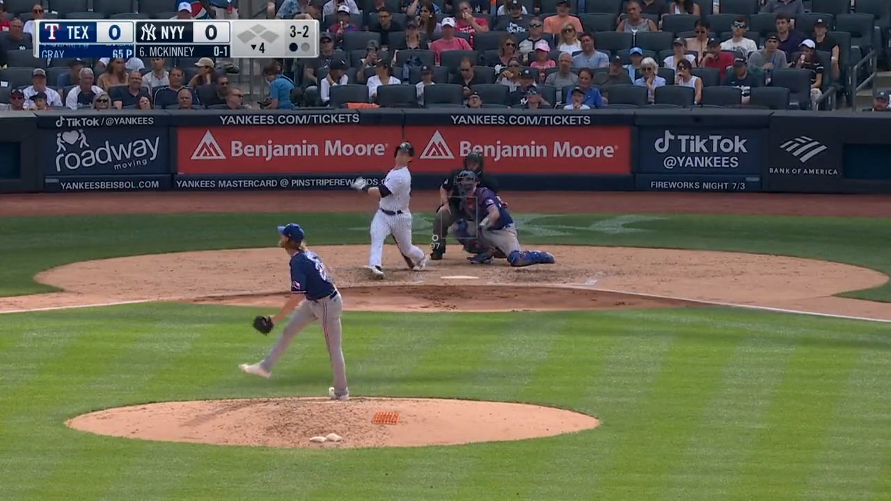 Billy McKinney blasts a solo home run to left field to give the Yankees the early lead over the Rangers