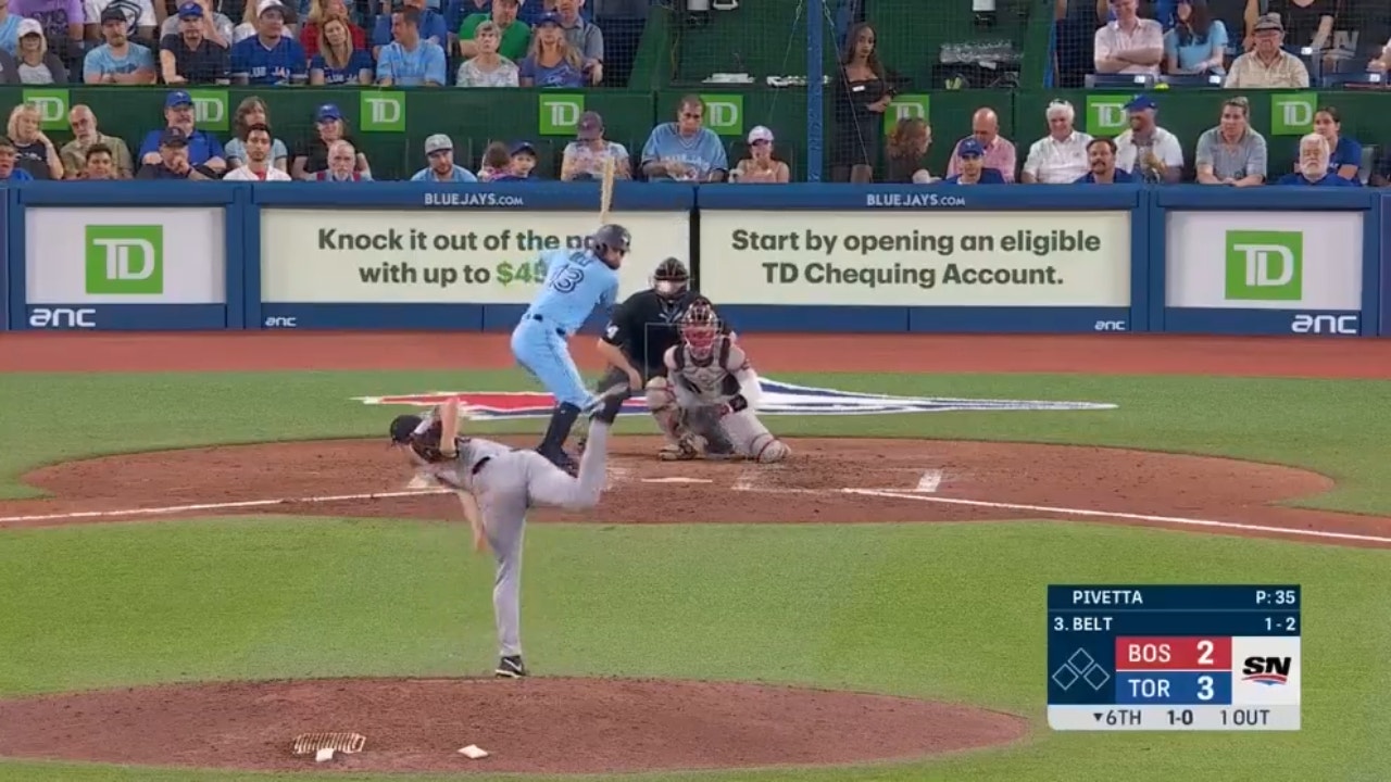 Brandon Belt smokes his second home run of the game as the Blue Jays extend their lead over the Red Sox