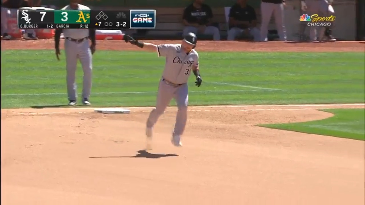 White Sox's Jake Burger sends a solo shot 442 feet to center field, extending the lead vs. the A's 8-3