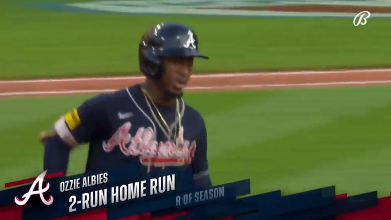 Braves' Ozzie Albies cranks a two-run home run to tie the game against the Guardians