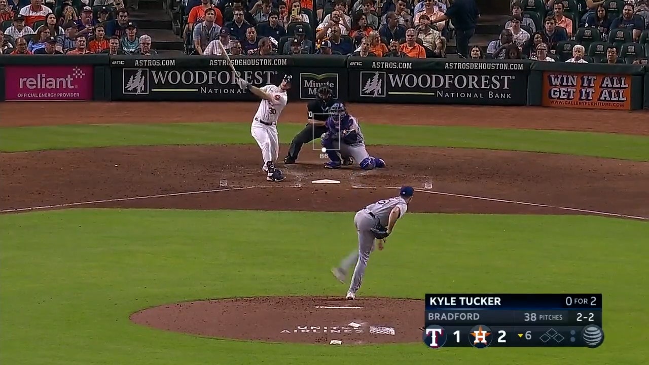 Kyle Tucker hits a solo home run to right field to increase the Astros' lead over the Rangers
