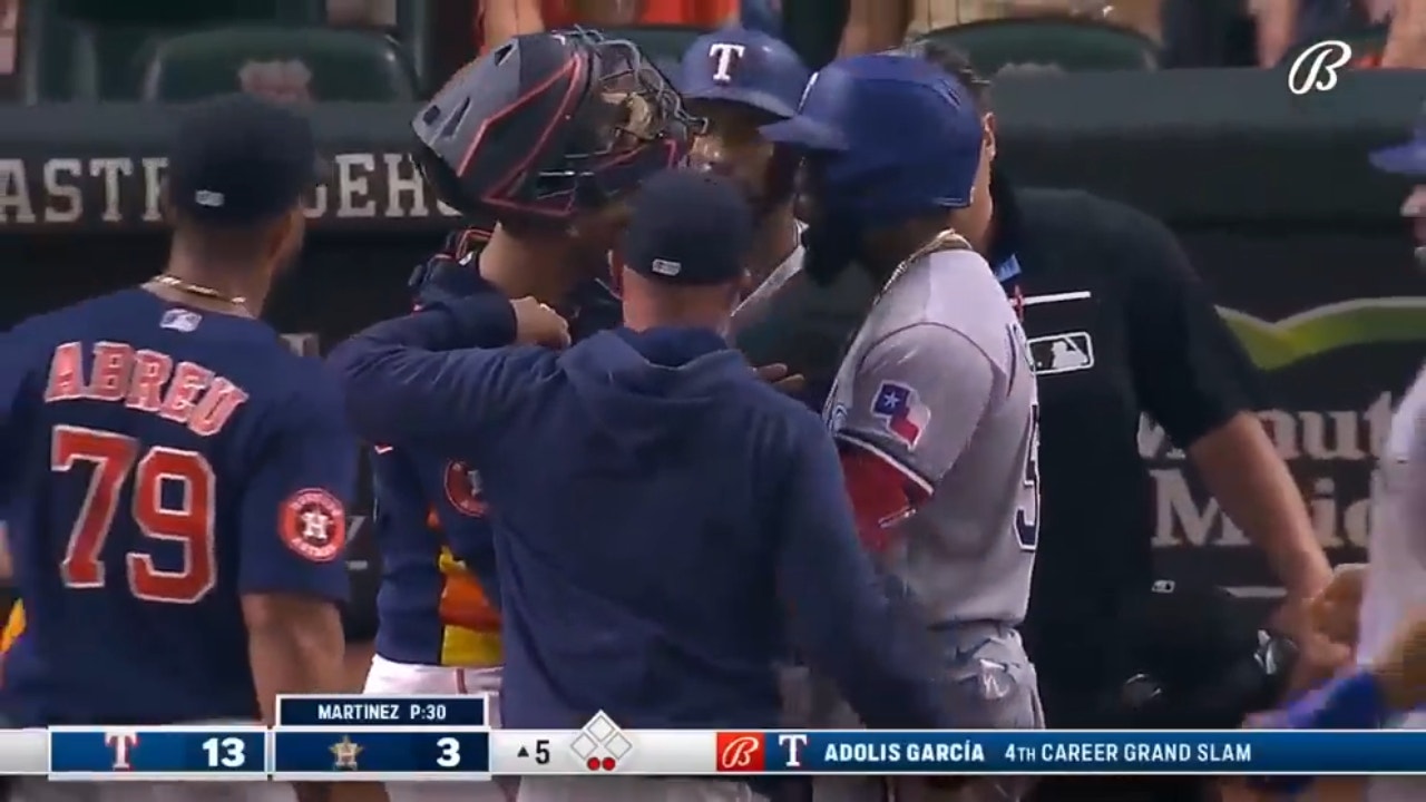 Marcus Semien and Martin Maldonado both get ejected after Adolis Garcia's grand  slam