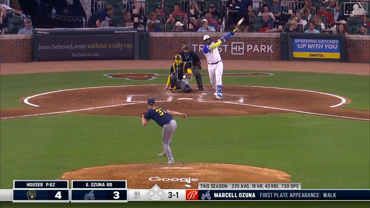 Marcell Ozuna launches a solo home run to help the Braves tie the game against the Brewers