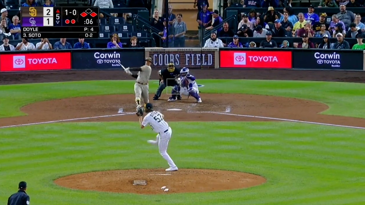 Juan Soto blasts a three-run home run to center field to extend the Padres' lead over the Rockies