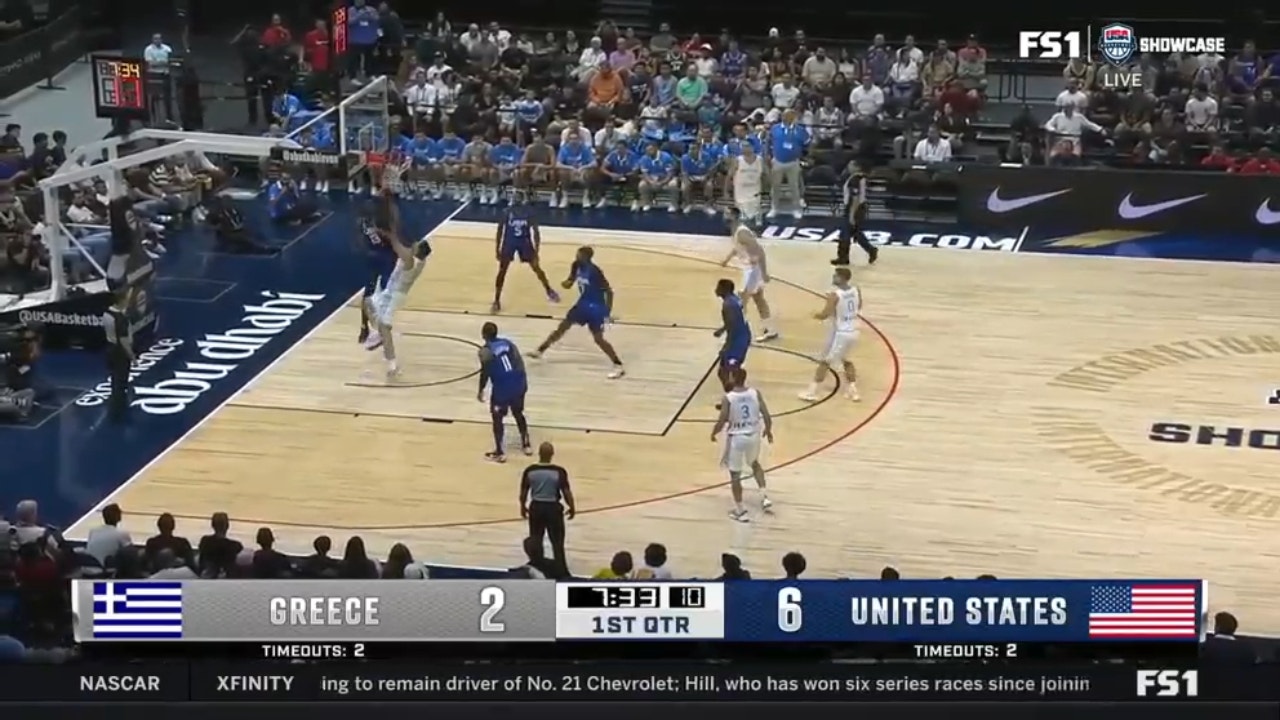 Jaren Jackson Jr. blocks a shot that leads to a Mikal Bridges layup on other end, extending Team USA's lead vs. Greece