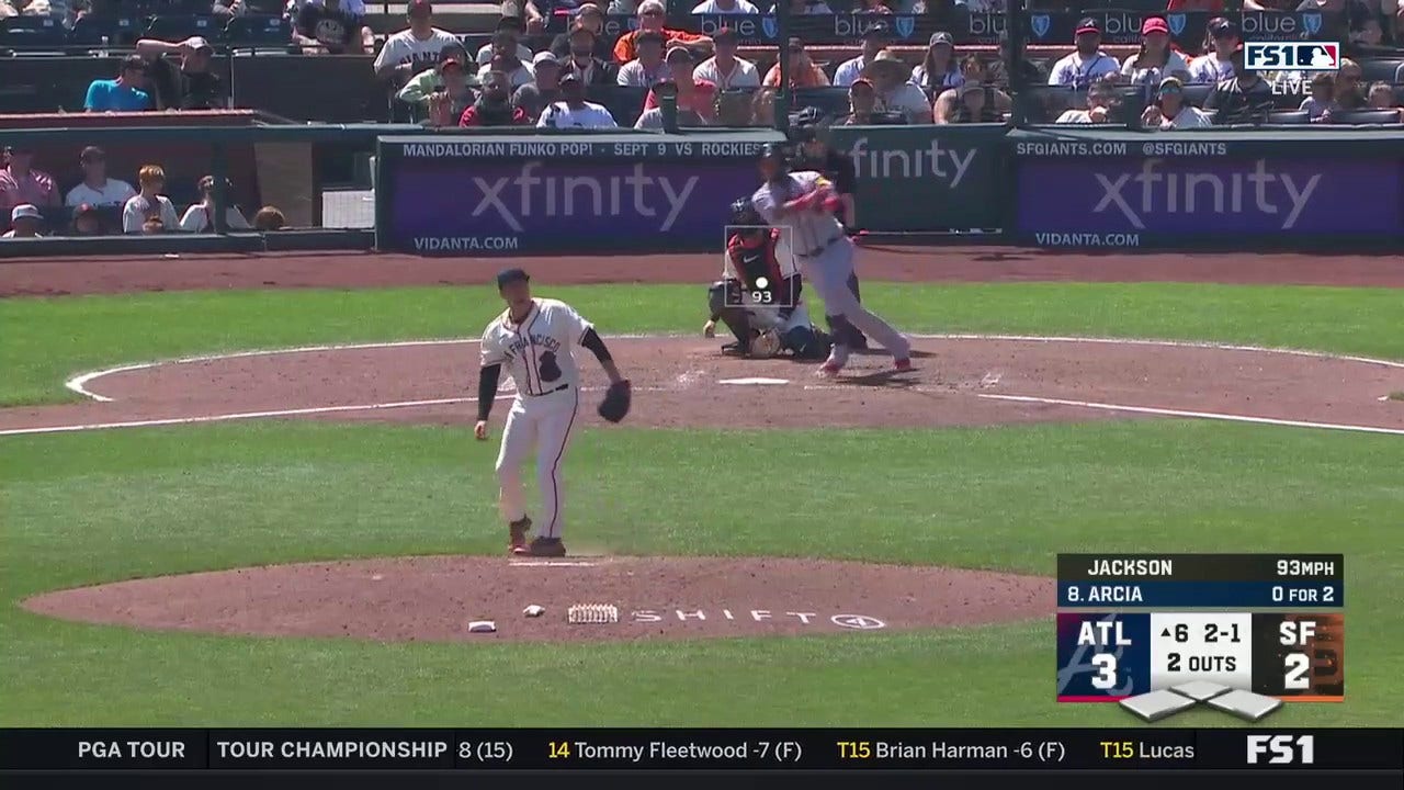 Orlando Arcia cranks a solo home run to center field to increase the Braves' lead over the Giants