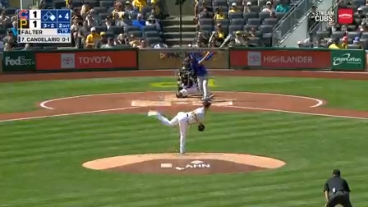 Cubs' Jeimer Candelario blasts a two-run homer to extend their lead against the Pirates