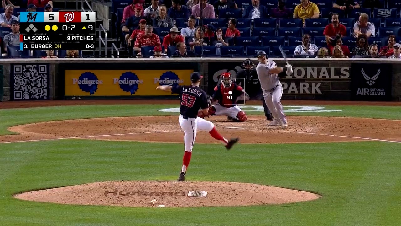 Jake Burger smashes a solo home run to left field to help the Marlins close out the Nationals